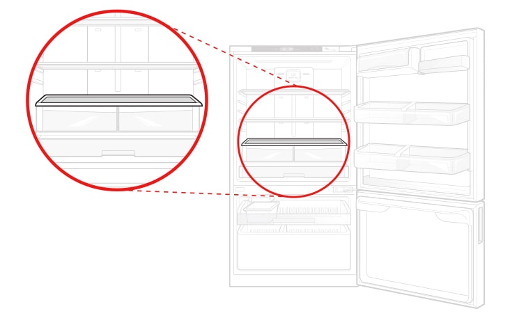 El estante de cristal para el refrigerador está arriba de la charola para verduras dentro del compartimento refrigerador.