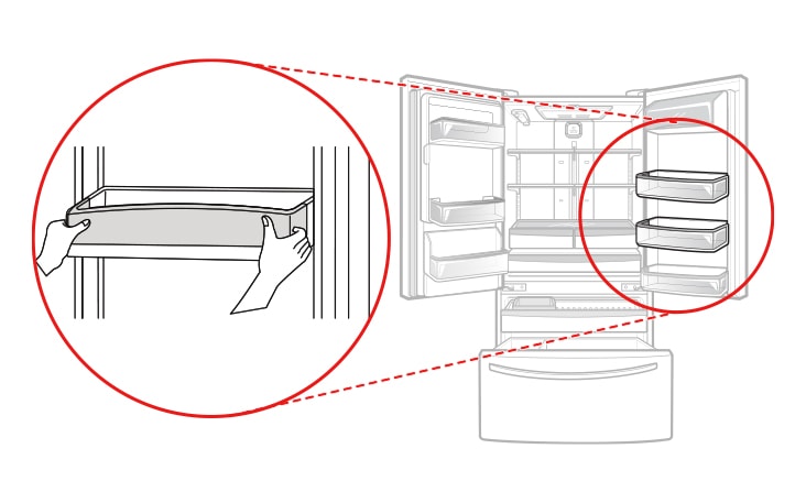 Se encuentra en la parte de en medio de la puerta, en el lado derecho del compartimento del refrigerador.
