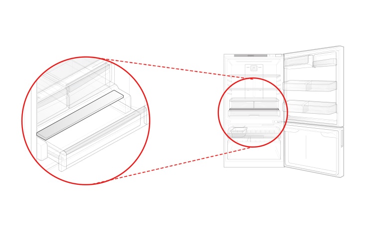 En la tapa del cajón inferior del compartimento del refrigerador, es la decoración delantera