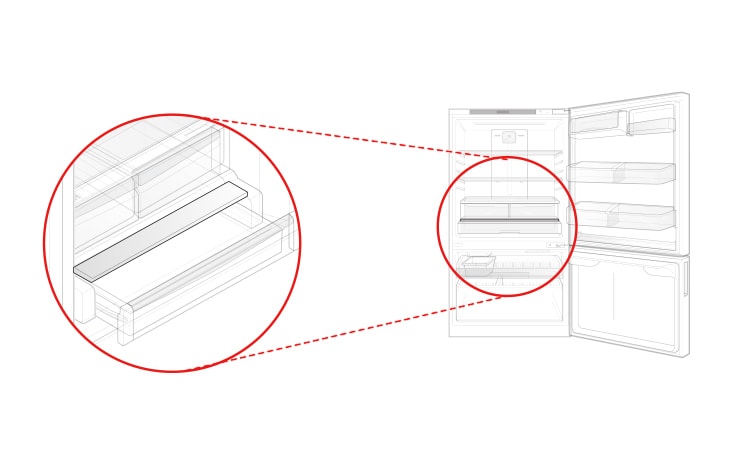 En la tapa del cajón inferior del compartimento del refrigerador, es la decoración delantera