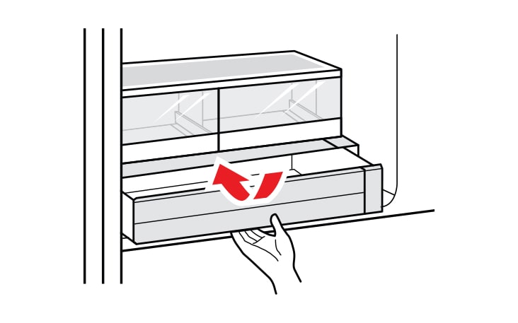 Para ensamblar, inclina ligeramente hacia arriba la parte delantera, inserta la charola del cuarto fresco del refrigerador en la estructura y empújala hasta que encaje en su lugar