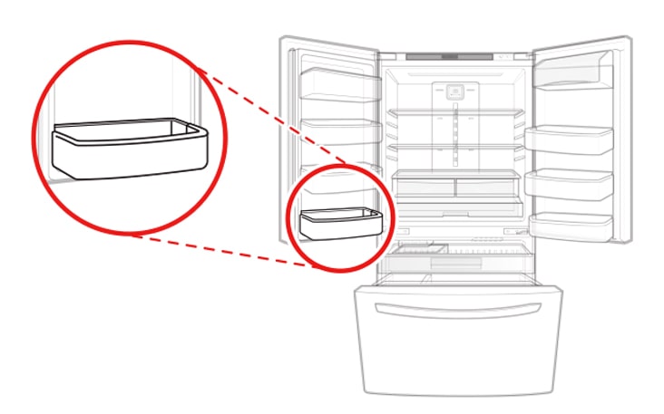 Hay una canasta en la parte inferior izquierda del refrigerador