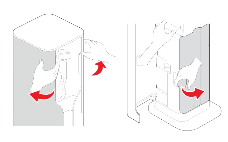 Abra las puertas izquierda y derecha del compartimento de accesorios.. Sujete el producto con una mano y abre la puerta de la bolsa de polvo con la otra.