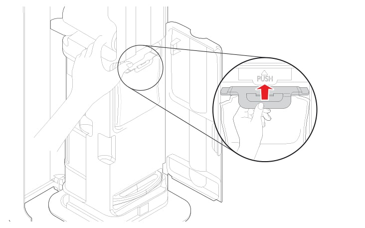 Sujete la palanca de la bolsa y empújela hacia arriba hasta que escuche un clic. La puerta de la bolsa no se cierra sin la bolsa. Deseche la bolsa y asegúrese de colocar una nueva. Cambie la bolsa cada 3 meses. El ciclo de reemplazo puede variar según el entorno. Cambie la bolsa si huele mal, incluso si no está llena.