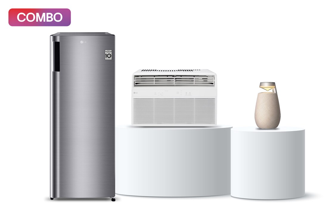 LG Tipo Ventana 0.75 Ton Frio (Voltaje 115V / 60HZ) + Refrigerador Single Door 7 pies³ INVERTER + LG XBOOM 360 XO2TBE bocina bluetooth con sonido omnidireccional 360° , beige, W081GR21.XO2TBE