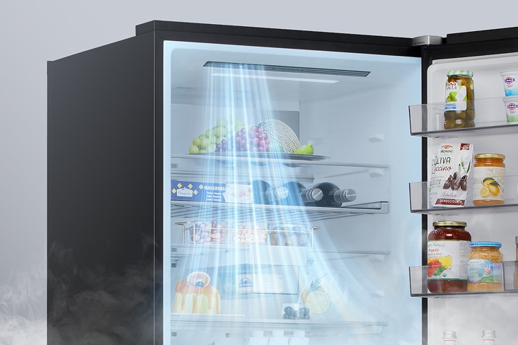Refrigerador LG abierto que muestra la circulación de aire frío desde la parte superior, destacando la tecnología DoorCooling+ que ayuda a mantener los alimentos almacenados frescos y refrigerados de manera uniforme.