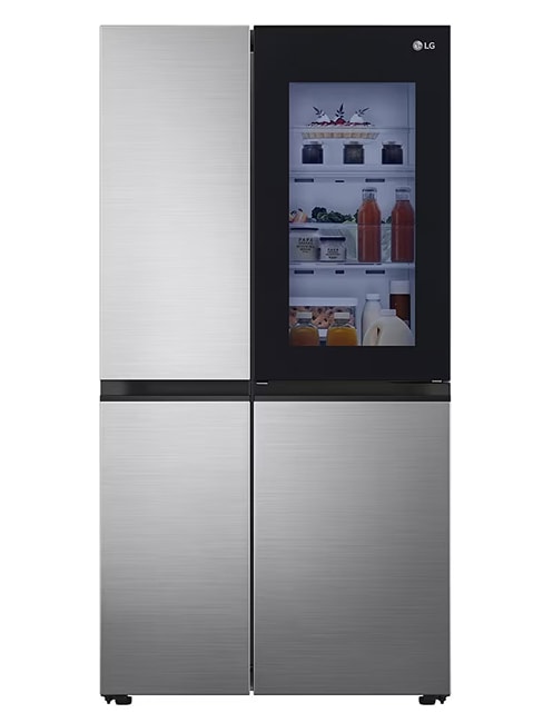 Refrigerador LG VS27BXQP con diseño de dos puertas y elegante panel de vidrio InstaView, que muestra los estantes interiores iluminados llenos de bebidas y alimentos.