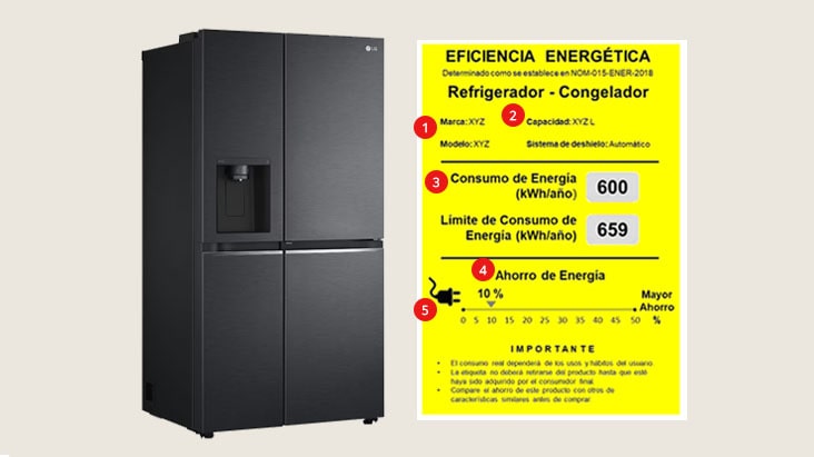 El refrigerador de dos puertas de LG se exhibe con la etiqueta de eficiencia energética NOM-ENER, lo que destaca su bajo consumo energético certificado y su rendimiento confiable para los hogares mexicanos.