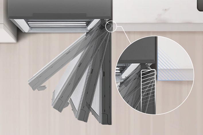 Primer plano del diseño de la puerta giratoria del refrigerador LG, que muestra flexibilidad y una apertura que ocupa poco espacio, ideal para cocinas compactas.