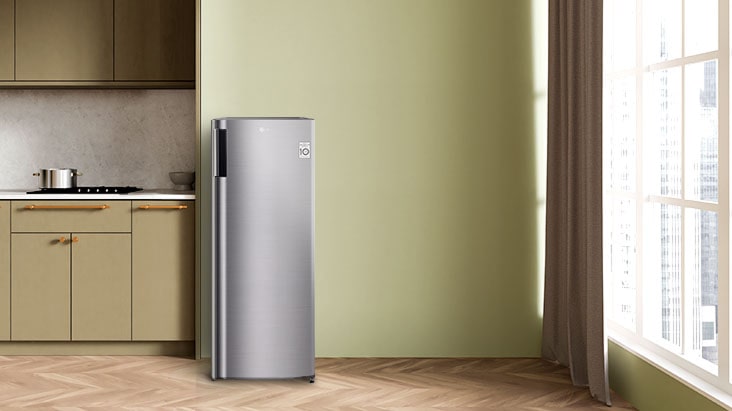Refrigerador LG de una puerta para cocinas compactas, con acabado minimalista en acero inoxidable, ideal para espacios reducidos y con una refrigeración eficiente.