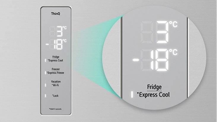 Panel ThinQ del refrigerador LG que muestra el refrigerador a 3 °C y el congelador a -18 °C, con modos de enfriamiento rápido e inteligente para un control preciso de la temperatura.