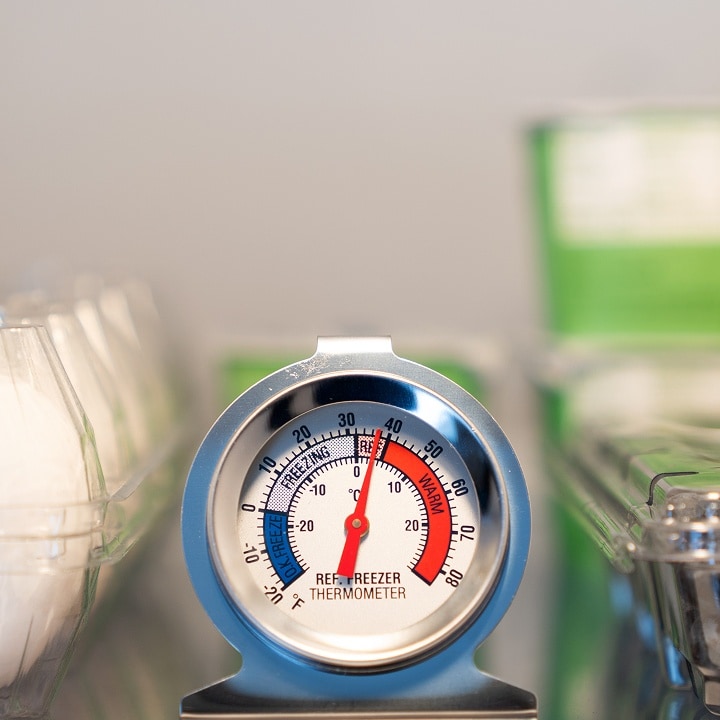 Termómetro para refrigerador que muestra el rango de enfriamiento seguro, colocado entre los huevos y los arándanos, lo que garantiza la temperatura ideal para el almacenamiento de alimentos.