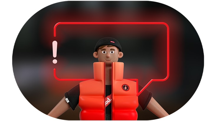 Personaje 3D con chaleco naranja y globo de diálogo con signo de exclamación, que simboliza consejos y recordatorios para ahorrar energía y mejorar la eficiencia del refrigerador.