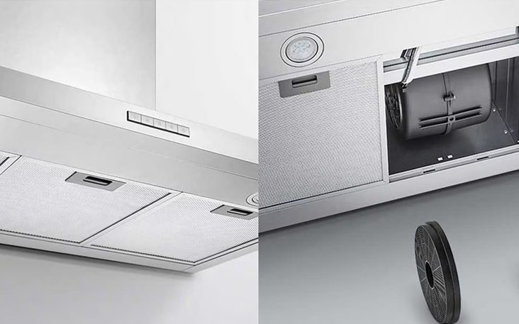 La moderna campana extractora de acero inoxidable y el sistema de filtrado de LG reducen el calor, el vapor y los olores cerca del refrigerador para una mayor eficiencia.