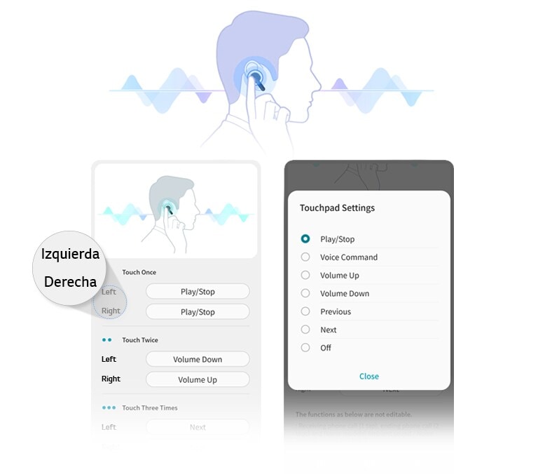 Imagen de la vista lateral de un hombre tocando los auriculares de su oreja. Las pantallas de la interfaz de usuario de la aplicación muestran que las personas pueden ajustar la configuración del panel táctil para los auriculares izquierdo y derecho.