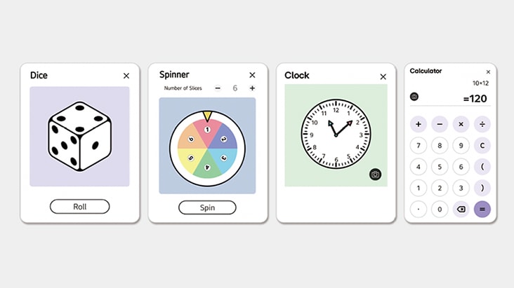 Una imagen que muestra los dados, la ruleta, el reloj y la calculadora.