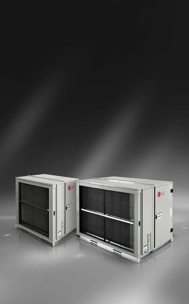 Vista de frente de dos LG Standard Air Handling Unit. Ambas unidades están sobre un fondo gris.