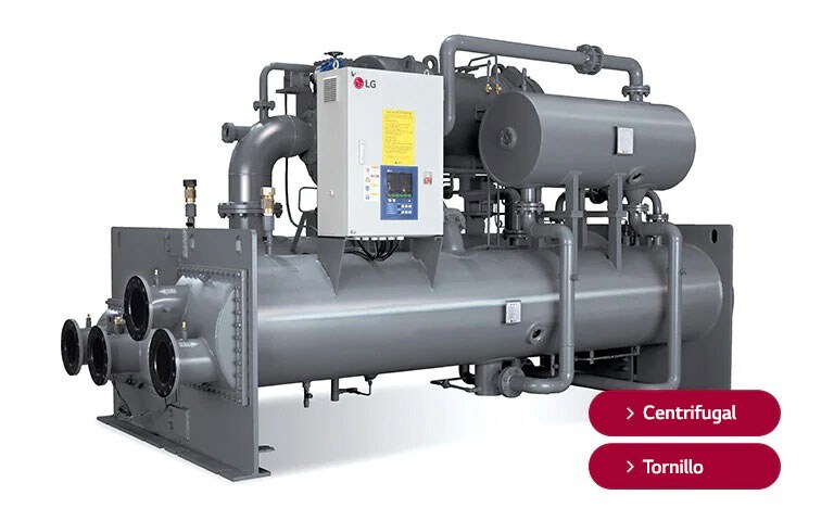 Unidad LG Centrifugal Chiller en tonos grises, con formas circulares y rectangulares, y etiquetas rojas que marcan centrífugo y tornillo.