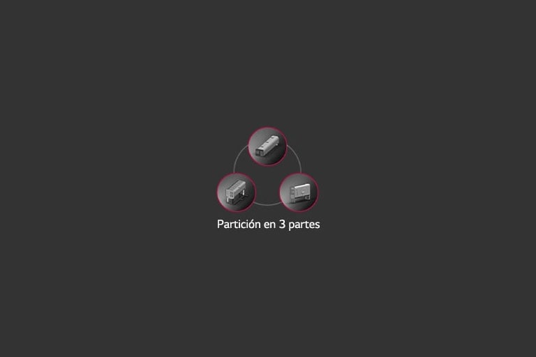 Tres círculos pequeños están dispuestos en un patrón triangular sobre el contorno de un círculo más grande. Cada círculo pequeño presenta una partición en tres partes en su centro.