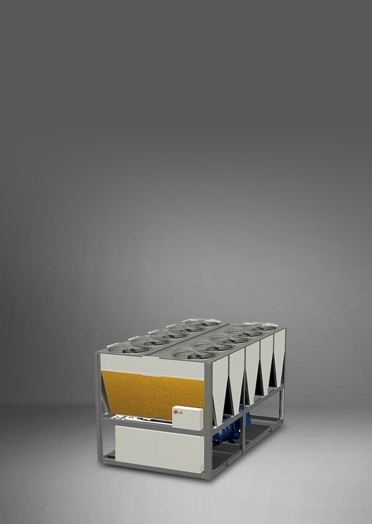 Se muestra un Chiller de Tornillo Enfriado por Aire de LG en gris y blanco, con un ventilador rectangular y una estructura de aletas desnudas recubiertas de color dorado.