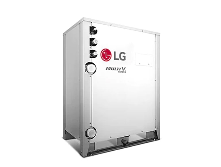 Unidad de aire acondicionado LG MULTI V con un diseño rectangular de color plateado, logotipo de LG y texto 'MULTI V' visible en el frente.