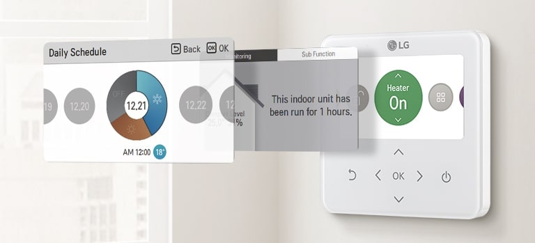 El controlador individual de HVAC de LG muestra datos ambientales como temperatura, humedad, limpieza y programación integrada.