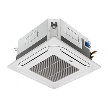 El casete de techo de LG ARNU07GTRB4 consta de una parte superior gris y una parte inferior blanca. En la parte inferior, hay ventiladores en cada una de las cuatro direcciones, para que el aire pueda fluir.