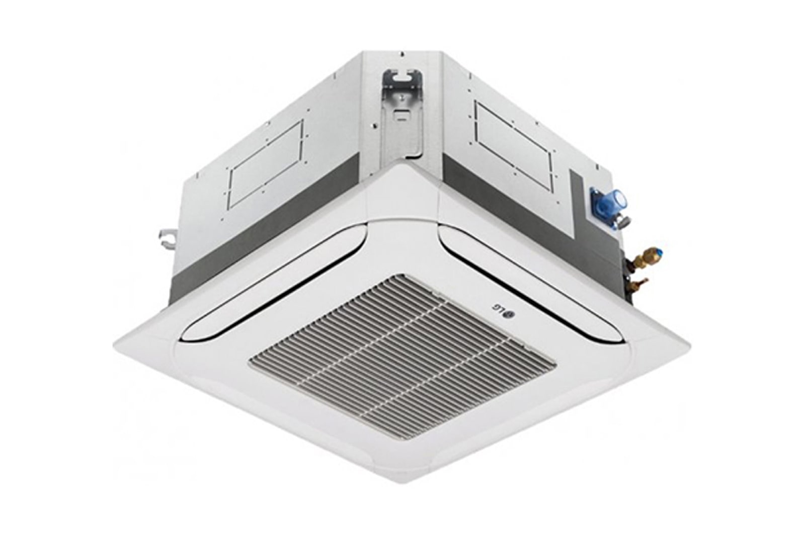 El casete de techo de LG ARNU18GTQB4 consta de una parte superior gris y una parte inferior blanca. En la parte inferior, hay ventiladores en cada una de las cuatro direcciones, para que el aire pueda fluir.