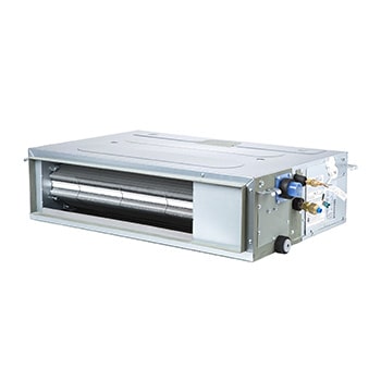 El LG Concealed Duct ARNU07GL4G4 es un paralelepípedo rectangular gris con algunas entradas de aire en el costado derecho y una abertura de salida de aire en la parte delantera.