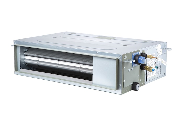 El LG Concealed Duct ARNU07GL4G4 es un paralelepípedo rectangular gris con algunas entradas de aire en el costado derecho y una abertura de salida de aire en la parte delantera.