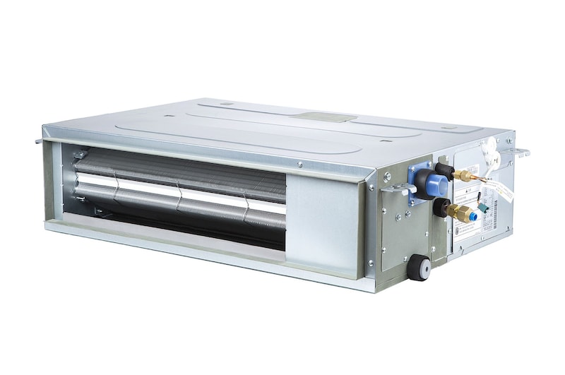 El LG Concealed Duct ARNU07GL4G4 es un paralelepípedo rectangular gris con algunas entradas de aire en el costado derecho y una abertura de salida de aire en la parte delantera.