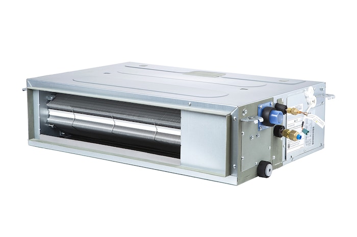 El LG Concealed Duct ARNU24GL6G4 es un paralelepípedo rectangular gris con algunas entradas de aire en el costado derecho y una abertura de salida de aire en la parte delantera.