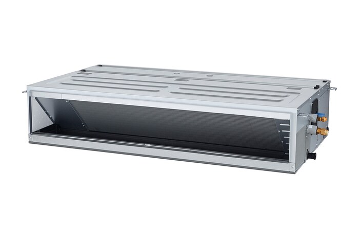 El LG Concealed Duct ARNU42GM2A4 es un paralelepípedo rectangular gris con algunas entradas de aire en el costado derecho y una abertura de salida de aire en la parte delantera.