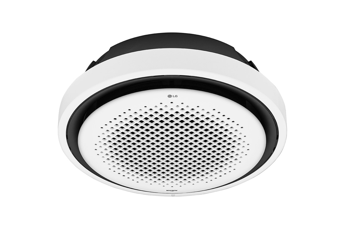 El LG Round Cassette, unidad interior, 24 kBTU tiene muchos agujeros en el centro del círculo perfectamente redondo, y los bordes son negros y con bandas alrededor.
