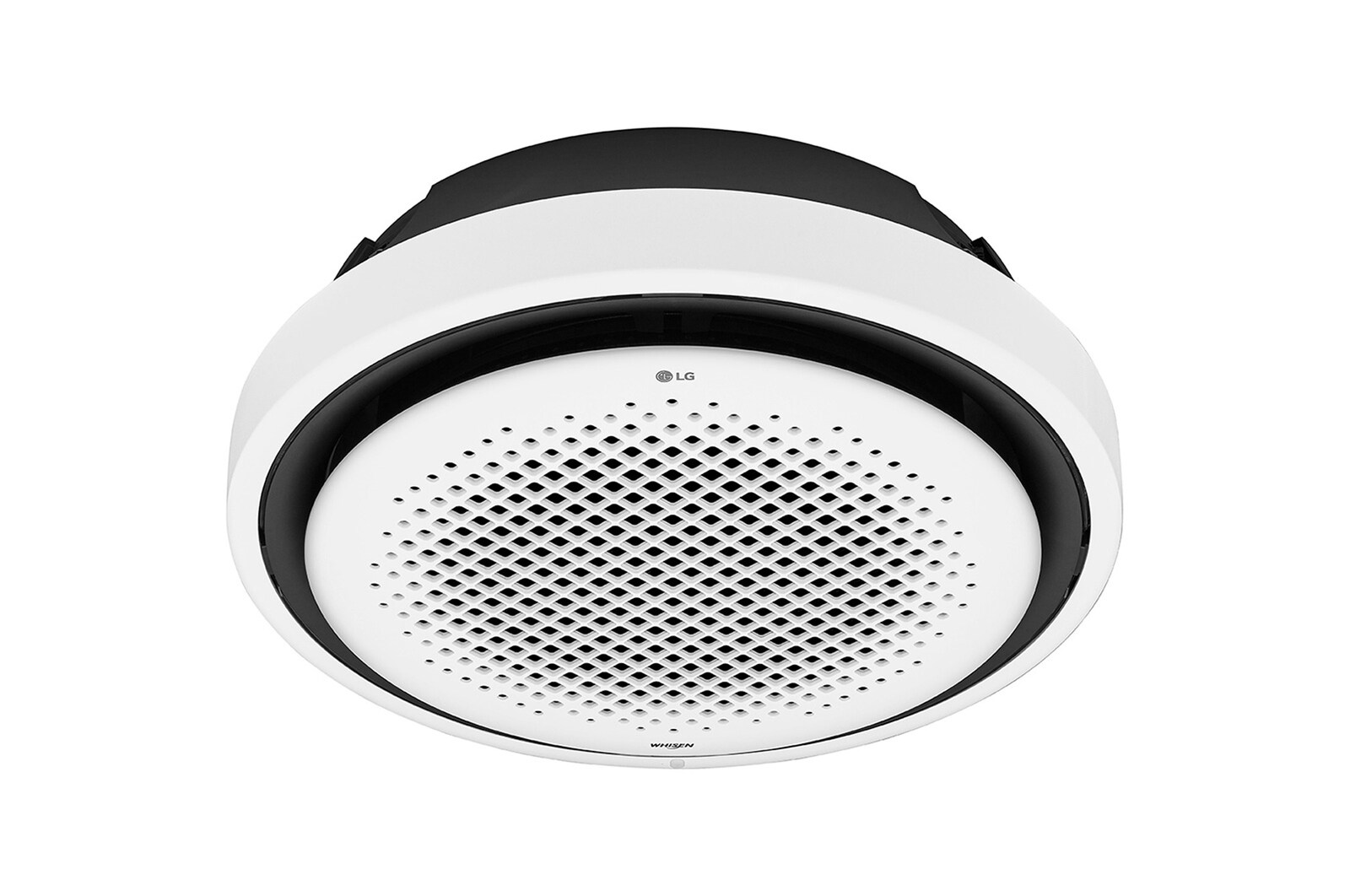 El LG Round Cassette, unidad interior, 24 kBTU tiene muchos agujeros en el centro del círculo perfectamente redondo, y los bordes son negros y con bandas alrededor.