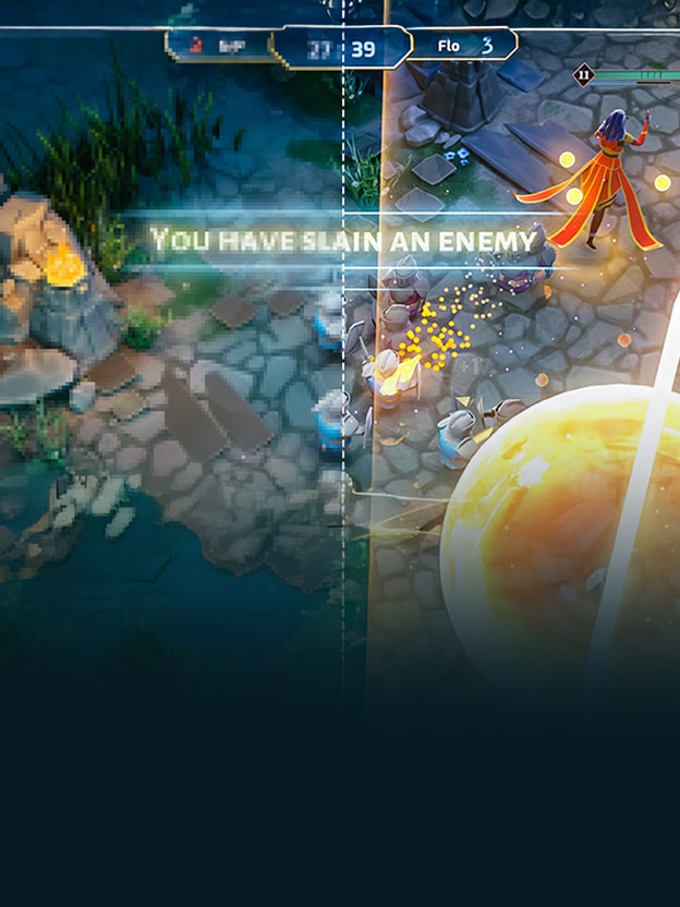 Pantalla de juego dividida que muestra una comparación entre 70 PPI y 125 PPI, con el lado derecho más nítido. A la derecha, acercamientos circulares ilustran la diferencia entre las estructuras de subpíxeles RWBG y RGWB.