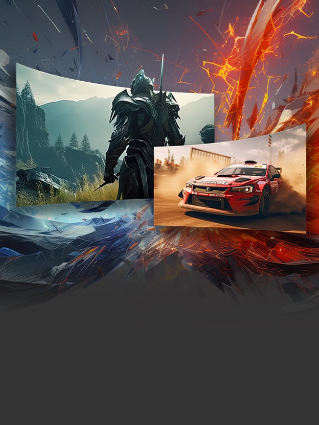 Un caballero y un auto de carreras ilustran el rendimiento de 165 Hz WQHD y 330 Hz WFHD.