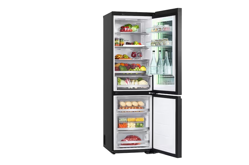 Refrigerador Bottom Freezer con compartimento de refrigeración superior y cajón congelador inferior abierto