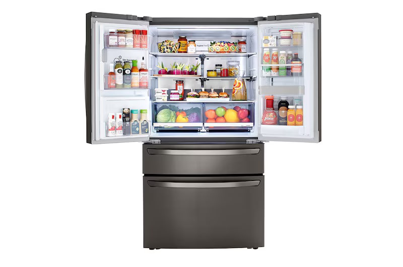 Refrigerador French Door con dos puertas superiores y cajón congelador inferior, puertas abiertas
