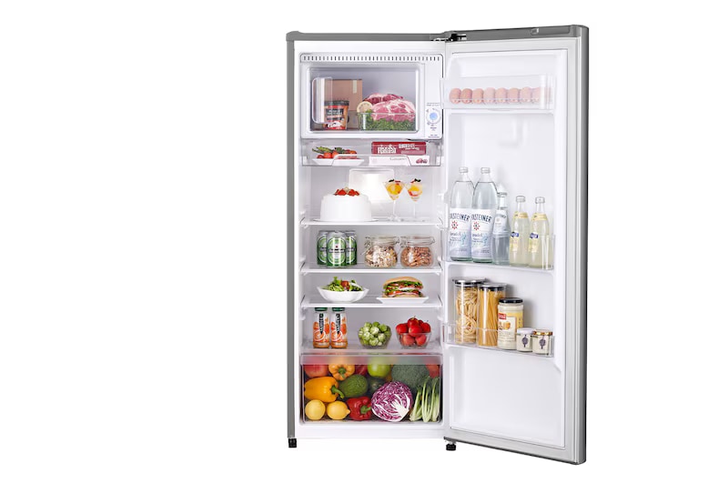 Refrigerador de una puerta con compartimento de refrigeración de altura completa, puerta abierta