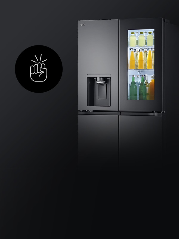 Refrigerador LG con panel de vidrio oscuro ilustra InstaView para ver el interior sin abrir la puerta.