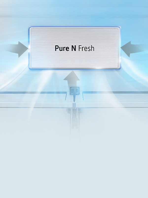 Filtro desodorizante LG con flujo de aire por un panel Pure N Fresh ilustra la reducción de olores y aire fresco.