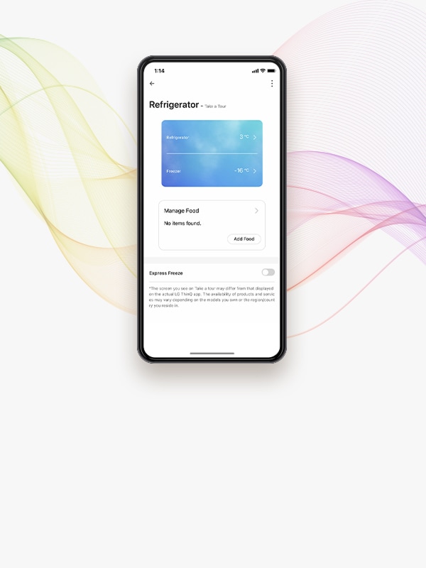 Refrigerador LG junto a una app que muestra control de temperatura ilustra ThinQ para monitoreo remoto.