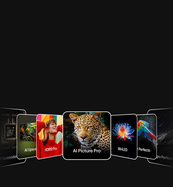 Tarjetas de funciones de televisores LG que muestran imágenes que simbolizan el procesador AI, la calidad de imagen, el brillo y el rendimiento del color.