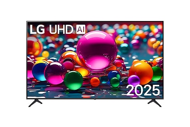 Vista frontal del UHD UA75 TV, con el logotipo LG UHD AI en la parte superior. El televisor LG UHD muestra texturas coloridas con apariencia de pintura que se fusionan entre sí.