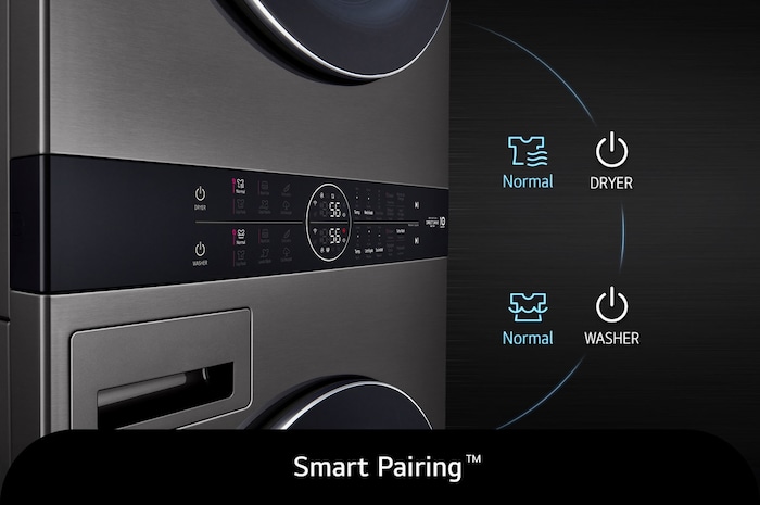 Primer plano de la función Smart Pairing™ de la LG WashTower® WK25BS6, que sincroniza automáticamente el ciclo de secado con el ciclo de lavado seleccionado.