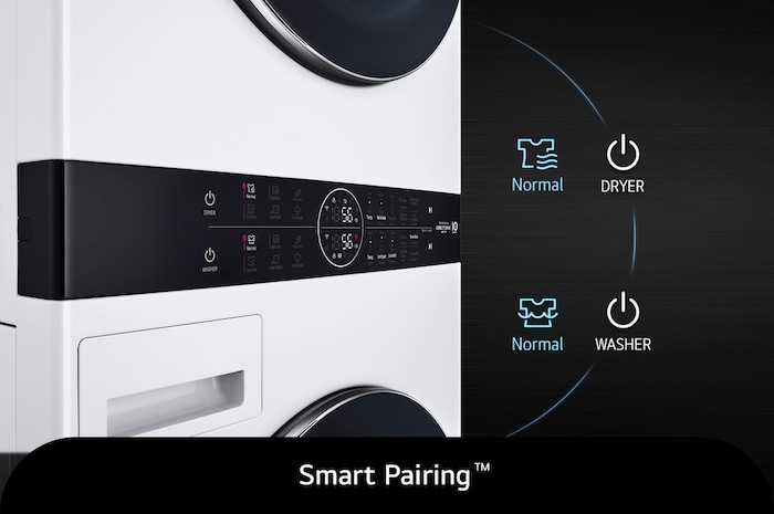Primer plano de la función Smart Pairing™ de la LG WashTower® WK22WS6E, que sincroniza automáticamente el ciclo de secado con el ciclo de lavado seleccionado.