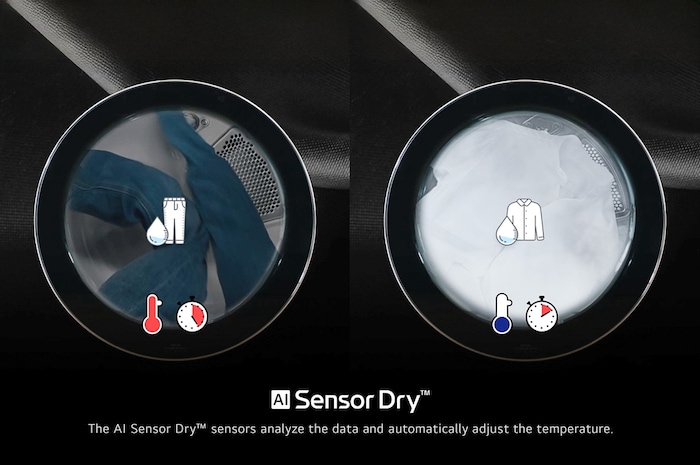 La función AI Sensor Dry™ de la LG WashTower® WK22WS6E, con un gráfico que muestra sus sensores analizando la humedad de la tela para un secado óptimo.