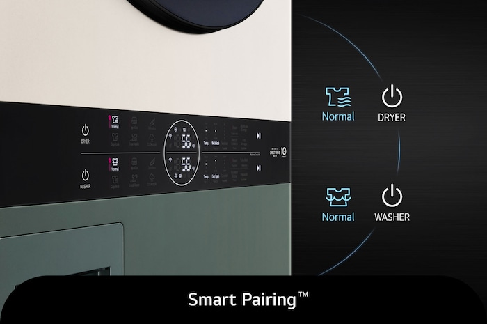 Primer plano de la función Smart Pairing™ de la LG WashTower® WK22GBS6E (verde/beige), que sincroniza automáticamente el ciclo de secado con el de lavado.
