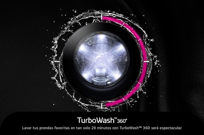 Gráfico de la función TurboWash™ 360° de la LG WashTower® WK22GBS6E, que proporciona una limpieza profunda en solo 29 minutos.